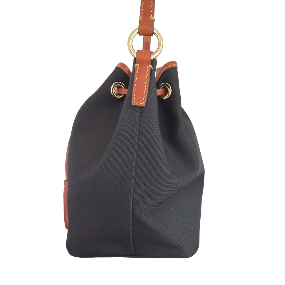 Dooney & Bourke Black Nylon Leather Trim Drawstring Bucket Bag Tassel EUC - Picture 3 of 13